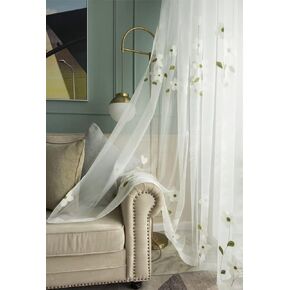Linen Sheer Curtains Window Treatments Rod Pocket for Living Room Bedroom Modern Small Fresh Magnolia Embroidery (2 Panels, W 100 x L 95 inch, White)