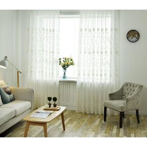 Simple Fresh Vine Flower Linen Sheer Curtains Window Treatments Rod Pocket for Living Room Bedroom(2 Panels, W 54 x L 102 inch, White)