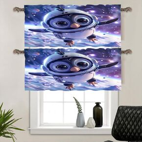 2 Pack Cartoon Astronaut Penguin Window Valances, Rod Pocket Playful Space Galaxy Planet Window Treatment Short Curtains for Kitchen/Bathroom/Living Room, 54" W X 18" L