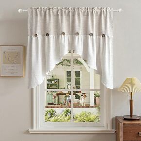 Gxi Beige Linen Curtain Swag for Living Room Button Kitchen Curtain Farmhouse Valance Privacy Rod Pocket Boho Window Tiers for Small Windows Bathroom Bedroom 1 Panel, W52 x L35 inch