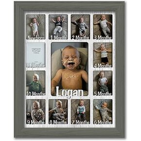 Northland My First Year Photo Frame | Personalized - Add Any Name | 12 Month Picture Frame for Babys First Year | Twelve 2.5" x 3.5" Newborn Photos and 5" x 7" | Milestone | Light Gray Frame White Mat