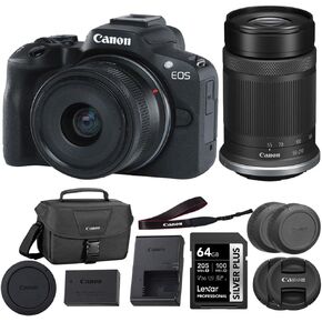 Canon EOS R50 كاميرا بدون مرآة مع حزمة عدسة 18-45 مم (أسود) مع بطاقة ذاكرة 64 جيجابايت + Canon 200es كيس الكتف (3 عناصر)