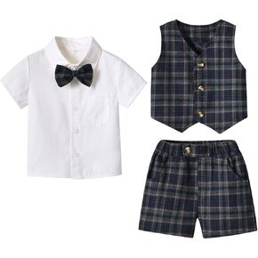 Toddler Boys Short Sleeve Plaid Prints T Shirt Tops Vest Coat Shorts Child Kids Gentleman Outfits Baby Boy Bodysuit Set