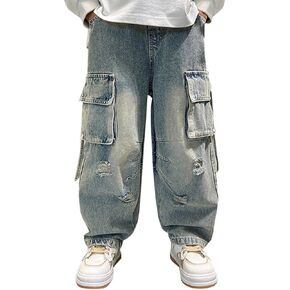 Ripped Cargo Boys Jeans Oversized Pocket Baggy Wide Leg Denim Pants Elastic High Waist Straight Streetwear Work Jean