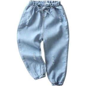 Toddler Baby Jeans Little Boys Girls Cute Elastic Waist Casual Denim Pants Straight Leg Cinch Jean Trousers Light Blue