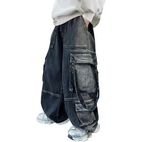 Boys Wide Leg Cargo Jeans Oversized Pockets Baggy Palazzo Denim Pants Loose Straight Retro Distressed Streetwear Bottom