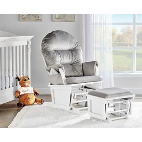 Comfortable Glider and Ottoman Set, Smooth Rocking Motion with Plush Cushions, White Wood and Gray Fabric Design