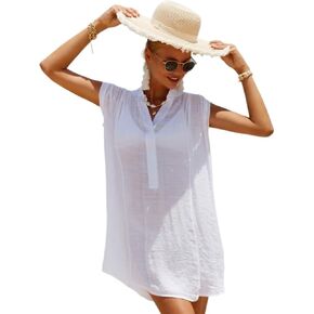 Women Swimsuit Cover Up Summer Beach Button Front Sleeveless Cover Up Dress