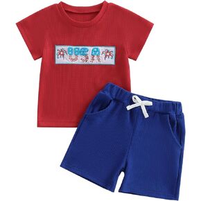 Gueuusu Toddler Baby Boy Girl Summer Clothes 4th of July USA Flag Embroidery Waffle Knit Short Sleeve T-Shirt Shorts Set