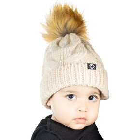 Funky Junque Kids Beanie Newborn Winter Hat - Fleece Lined Cable Knit Pom Pom Cap for Infants 0-12 Months