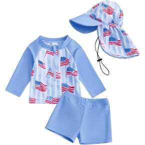 Toddler Baby Boy Swimsuit Kids Rash Guard Sailboat/Flag/Star Print Zipper Beach Bathing Suit 4th of July Swimwear with Hat