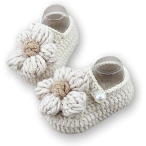 Handcrafted Baby Shoes, Beige Crochet Flower with Pearl, Knit Infant Slippers