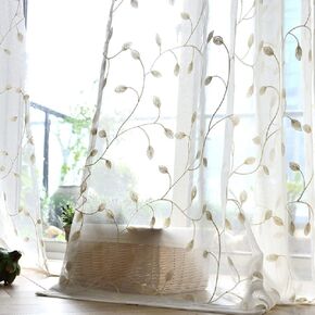 Linen Sheer Curtains Window Treatments Rod Pocket for Living Room Bedroom Leaf American Rustic Towel Embroidery (2 Panels, W 54 x L 72 inch, Green)