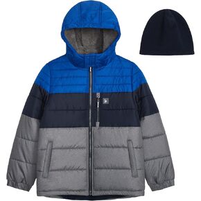 LONDON FOG Baby Boys' Heavyweight Puffer Jacket with Sherpa-Lined Hood & Fleece Beanie