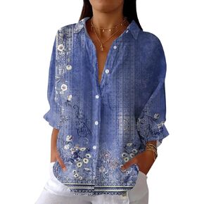 Button Down Shirts for Women - Dressy Floral Printed Long Sleeve Blouse Business Casual Work Tops