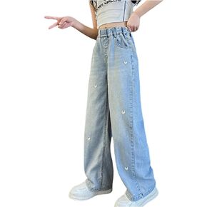 Jeans Pants for Grils High Waist Embroidery Love Fashion Breathable Soft Fit Casual Comfy Fashion Toddler Trousers