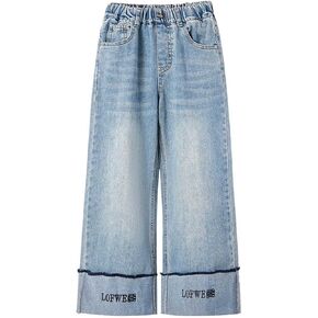 Wide Leg Jeans for Grils High Elastic Waist Denim Pants Comfy Letter Loose Casual Trendy Straight Toddler Trousers