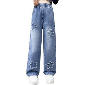 Wide Leg Jeans for Grils High Elastic Waist Denim Pants Comfy Loose Casual Star Embroidery Fresh Toddler Trousers