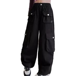 Wide Leg Jeans for Grils High-Waisted Work Cargo Pants Pocket Breathable Loose Casual Fashion Fresh Toddler Trousers