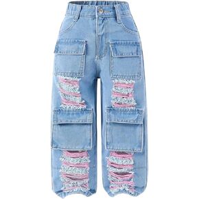 Verdusa Toddler Girl's Distressed Ripped Jean Cargo Pants Y2K Leg Denim Pants with Pockets