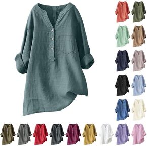 Womens Cotton Linen Button Down Shirt 2025 Spring Casual Long Sleeve Solid Color Shirts Loose Work Tops with Pockets