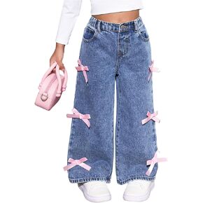 Wdirara Toddler Girl's Bow Knot Baggy Denim Pants مرنة عالية الخصر جينز عريض الساق