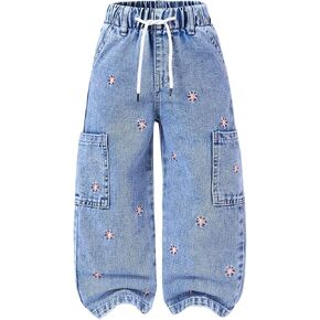 Verdusa Toddler Girl's Floral Wide Leg Denim Pants Streetwear Drawstring Waist Jean Cargo Pants