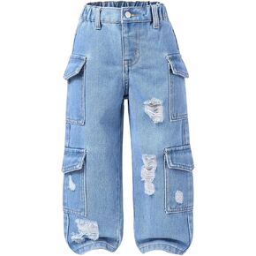Verdusa Girl's Ripped Distressed Jeans Elastic Waist Straight Leg Loose Denim Pants with Pockets