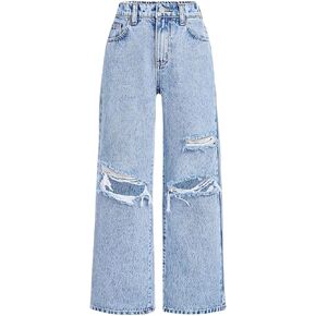 Wide Leg Jeans for Grils High Elastic Waist Denim Pants Ripped Breathable Loose Casual Trendy Cute Toddler Trousers