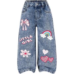 Verdusa Toddler Girl's Y2K Graphic Baggy Jeans Streetwear Wide Leg Denim Pants with Pockets