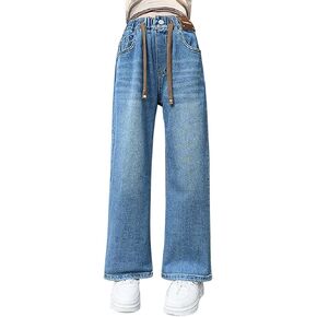 Wide Leg Jeans for Grils High Elastic Waist Denim Pants Breathable Soft Fit Elastic Rope Straight Toddler Trousers