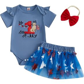 My First 4th of July Baby Girl Outfit Newborn Short Sleeve Embroidery Romper Striped Ruffle Tutu Skirt Headband Set