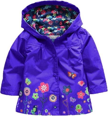 Toddler Baby Girls Waterproof Jacket Floral Printed Hooded Raincoat Windproof Warm Outwear Button Hoodies Outwear in Kuwait
