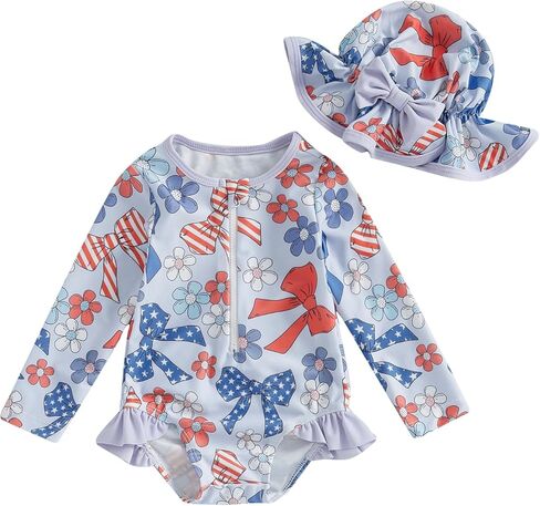 Toddler Baby Girl Rash Guard 4th of July Swimsuit Long Sleeve Zipper Bathing Suit Swimwear with Swim Cap in Kuwait