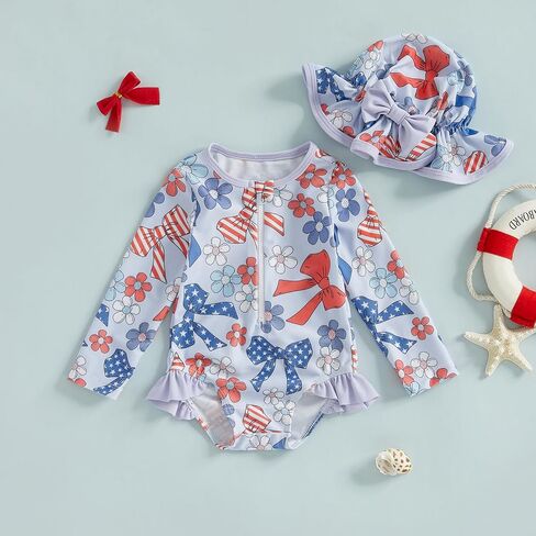 Toddler Baby Girl Rash Guard 4th of July Swimsuit Long Sleeve Zipper Bathing Suit Swimwear with Swim Cap in Kuwait