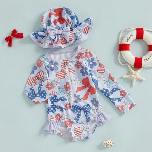 Toddler Baby Girl Rash Guard 4th of July Swimsuit Long Sleeve Zipper Bathing Suit Swimwear with Swim Cap in Kuwait