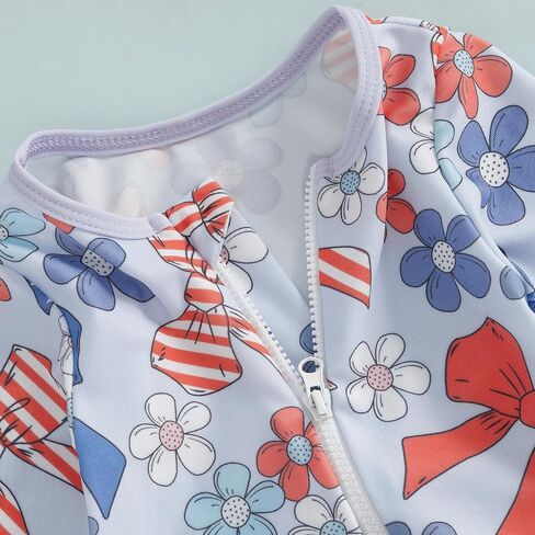 Toddler Baby Girl Rash Guard 4th of July Swimsuit Long Sleeve Zipper Bathing Suit Swimwear with Swim Cap in Kuwait