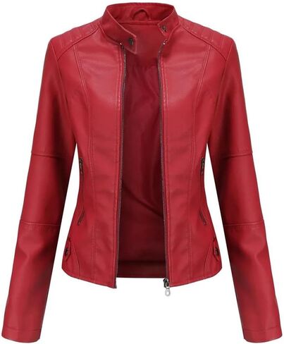 Women Leather Jacket Spring Autumn PU Leather Coat Stand-Up Collar Motor Biker Jacket in Saudi Arabia