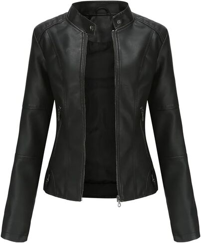 Women Leather Jacket Spring Autumn PU Leather Coat Stand-Up Collar Motor Biker Jacket in Saudi Arabia