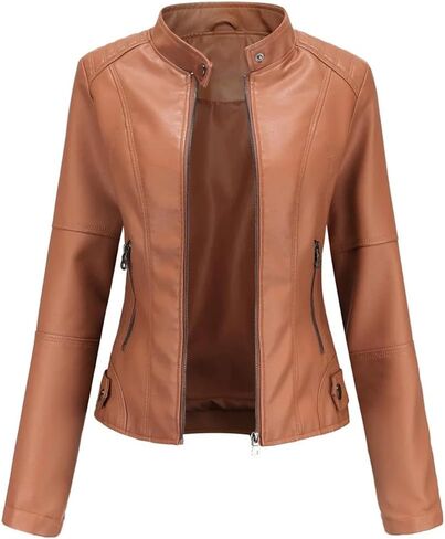 Women Leather Jacket Spring Autumn PU Leather Coat Stand-Up Collar Motor Biker Jacket in Saudi Arabia