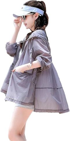Women's Jacket Zipper Hooded Sun Protection Clothing Loose Breathable UV Protection Outerwear Tops in Saudi Arabia