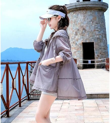 Women's Jacket Zipper Hooded Sun Protection Clothing Loose Breathable UV Protection Outerwear Tops in Saudi Arabia