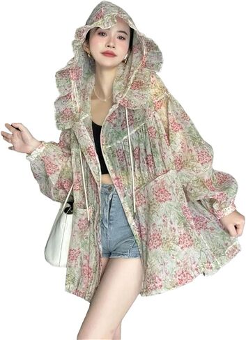 Women's Oversized Bomber Jacket Print Women's Windbreaker With Hood Sun Protection Jacket in Saudi Arabia