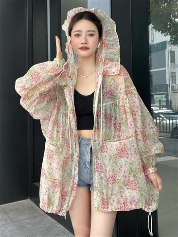 Women's Oversized Bomber Jacket Print Women's Windbreaker With Hood Sun Protection Jacket in Saudi Arabia