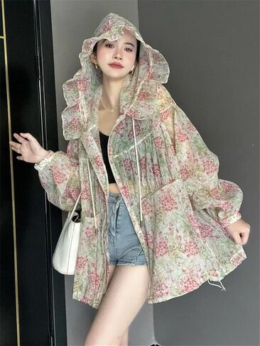 Women's Oversized Bomber Jacket Print Women's Windbreaker With Hood Sun Protection Jacket in Saudi Arabia