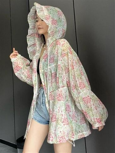 Women's Oversized Bomber Jacket Print Women's Windbreaker With Hood Sun Protection Jacket in Saudi Arabia
