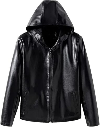 Women's PU Leather Jacket Short Slim Small Coat Hooded Outerwear Loose Outcoat in Saudi Arabia