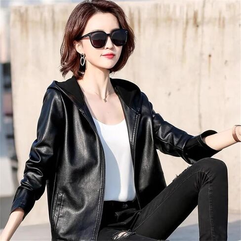 Women's PU Leather Jacket Short Slim Small Coat Hooded Outerwear Loose Outcoat in Saudi Arabia
