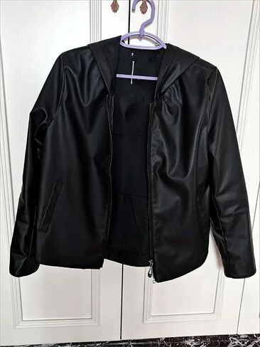 Women's PU Leather Jacket Short Slim Small Coat Hooded Outerwear Loose Outcoat in Saudi Arabia