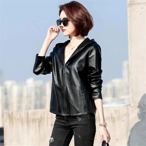 Women's PU Leather Jacket Short Slim Small Coat Hooded Outerwear Loose Outcoat in Saudi Arabia
